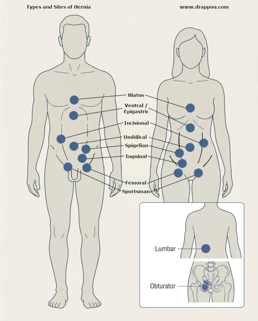 Body map showing common hernia locations, including hiatal, ventral, incisional, umbilical, inguinal, femoral, lumbar, obturator, and sports hernias.
