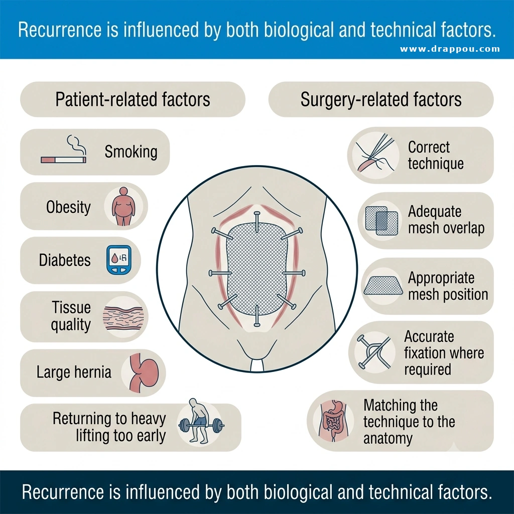 Illustration showing patient-related and surgery-related factors that influence hernia recurrence, including smoking, obesity, diabetes, mesh overlap, and repair technique.