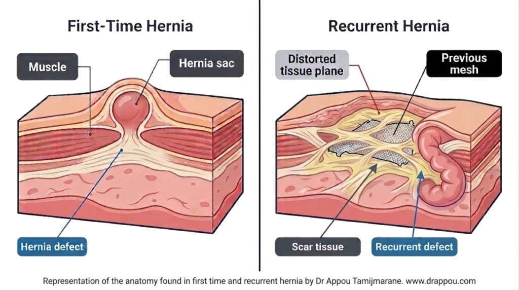 Side-by-side illustration comparing a first-time hernia defect with a recurrent hernia showing scar tissue, distorted tissue planes, and previous mesh.