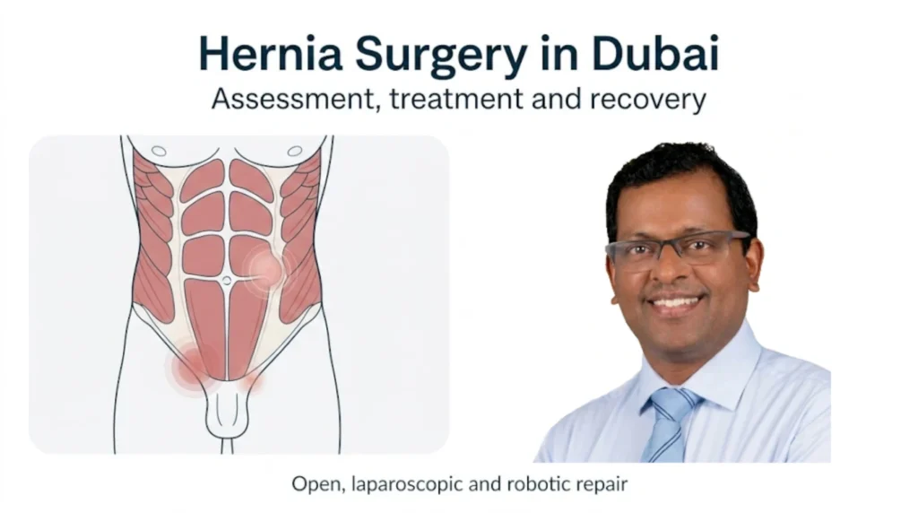 Medical illustration for hernia surgery in Dubai showing a surgeon portrait, abdominal hernia location, and treatment overview.
