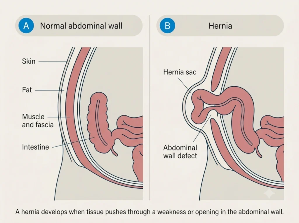Diagram comparing a normal abdominal wall with a hernia, showing tissue protruding through an abdominal wall defect.