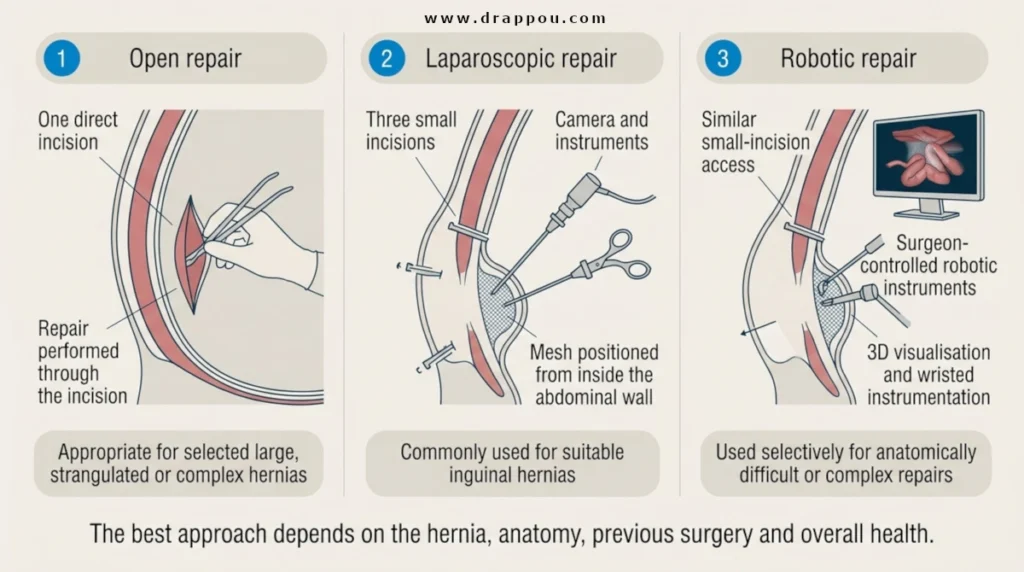 Comparison of open, laparoscopic, and robotic hernia repair techniques showing incision style, mesh placement, and surgical access.