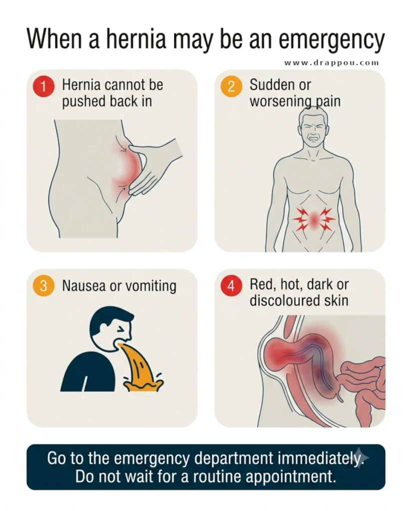 Educational graphic showing emergency hernia warning signs, including inability to reduce the hernia, worsening pain, nausea or vomiting, and red or discolored skin.